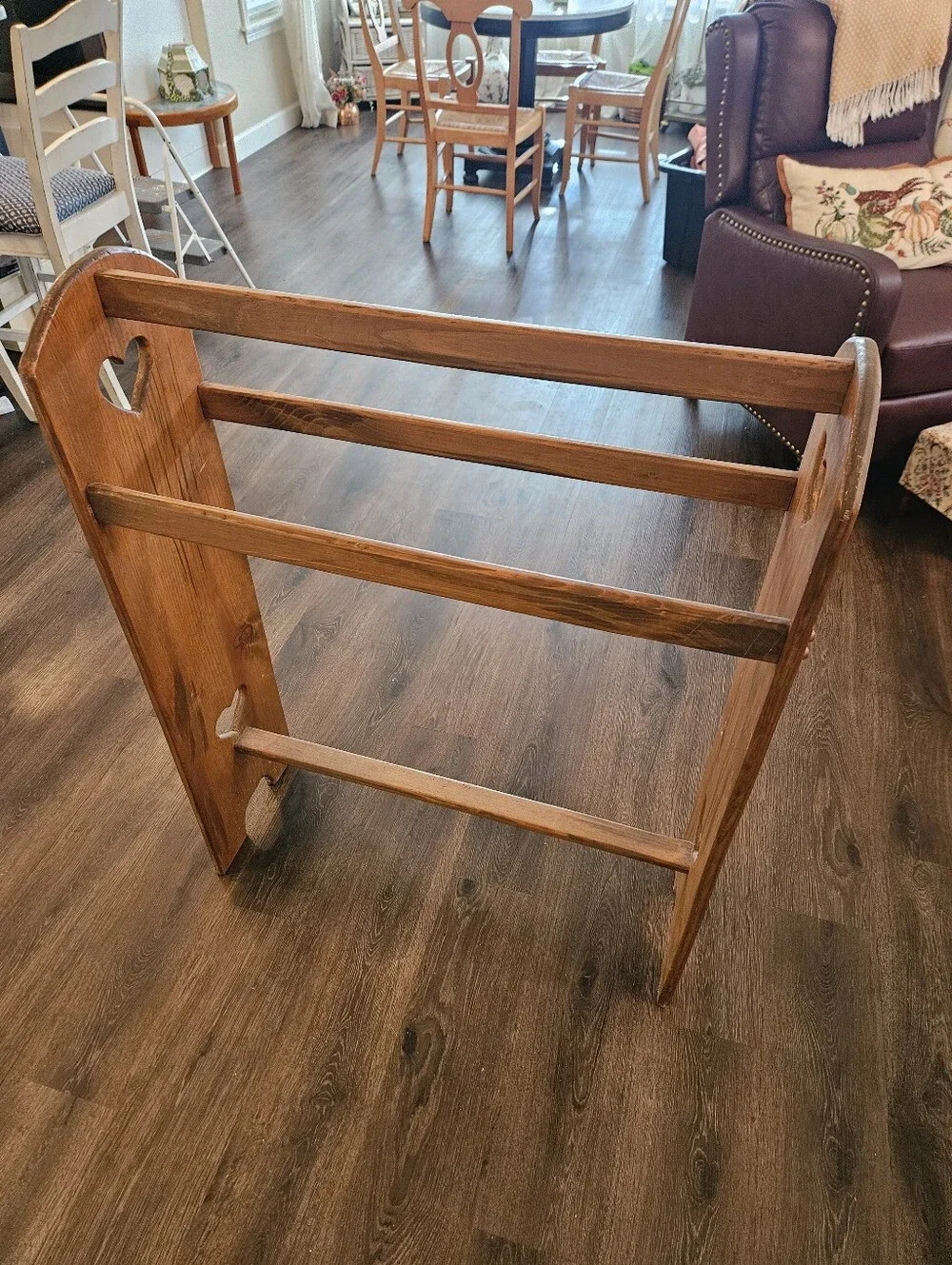 Large Vintage Wooden Quilt Rack Stand w/ Heart Cutouts Solid Pine Amish Made EUC
